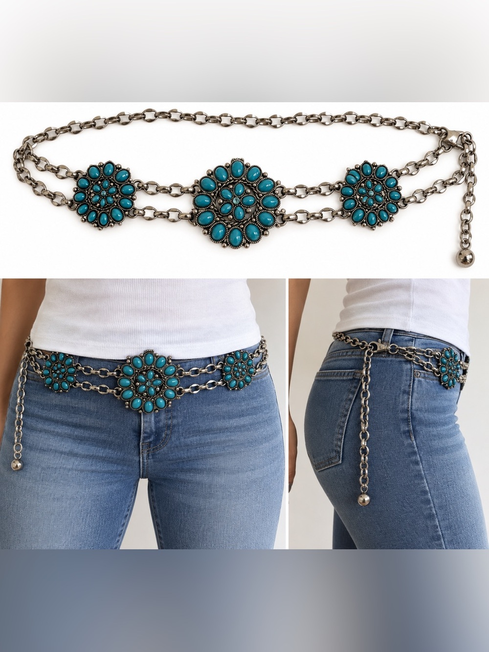 Vintage Y2K Faux Turquoise Concho Chain Belt Silver
Western Southwestern Cowgirl